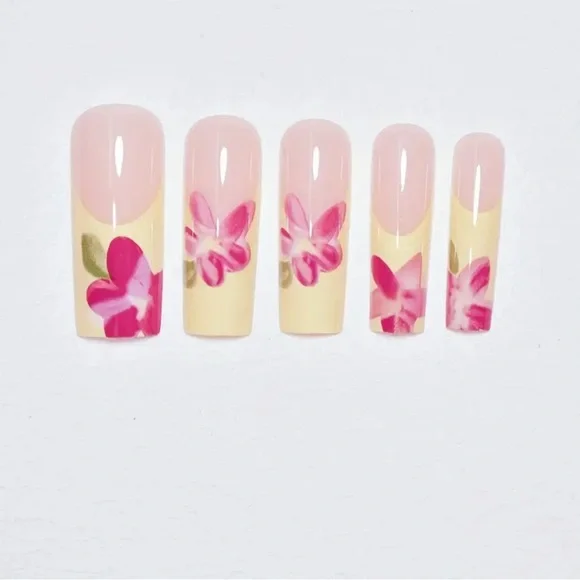 Yellow French Tip & Pink Floral Press On Nail Art Reusable Long Length NWT - Picture 6 of 8
